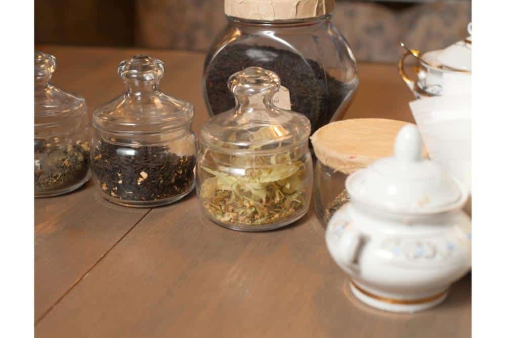 Clear jars of loose leaf tea 